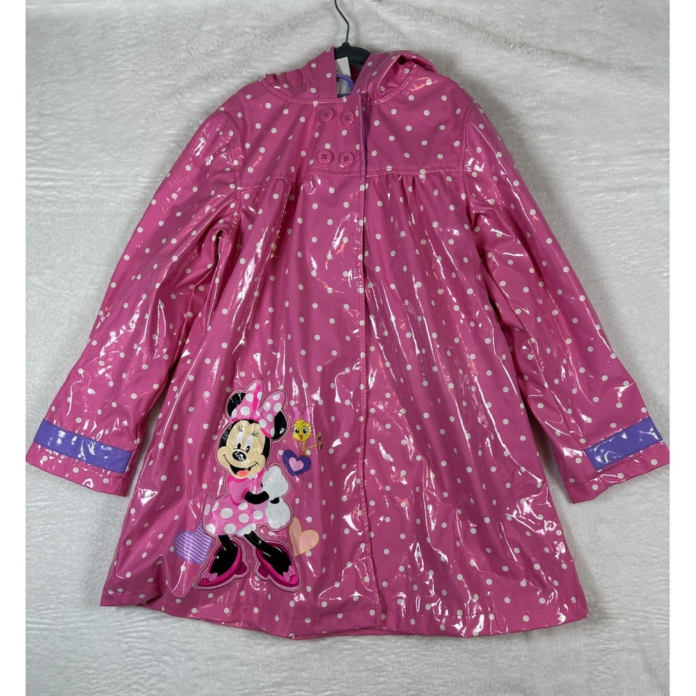 Disney Minnie Mouse Raincoat Girls 5/6 Pink Polka Dot Hooded Jacket